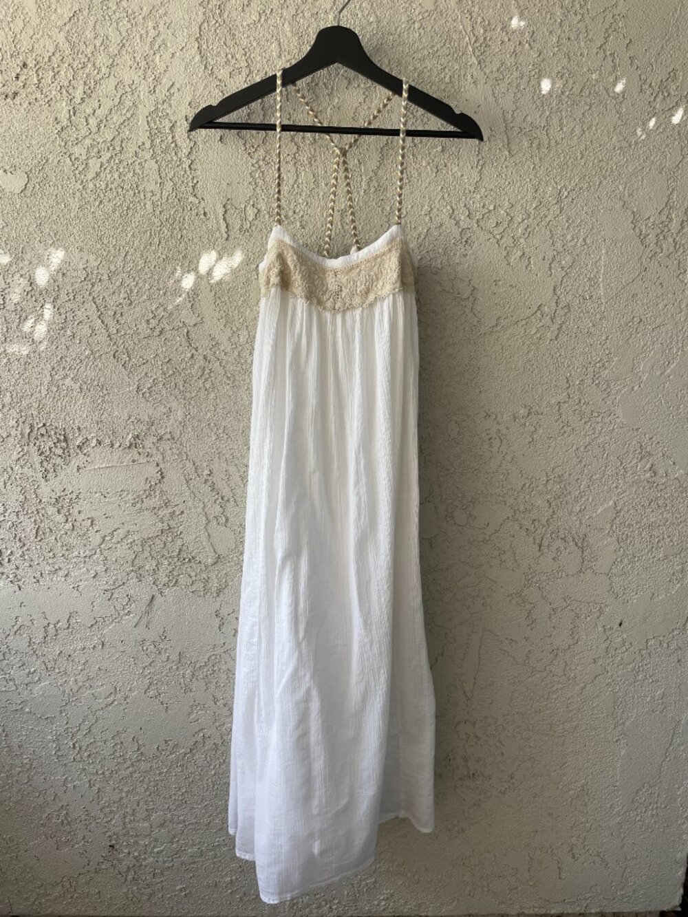 ZARA White Cotton Boho Maxi Dress Bandeau Crinkle Crochet Straps Size XS S